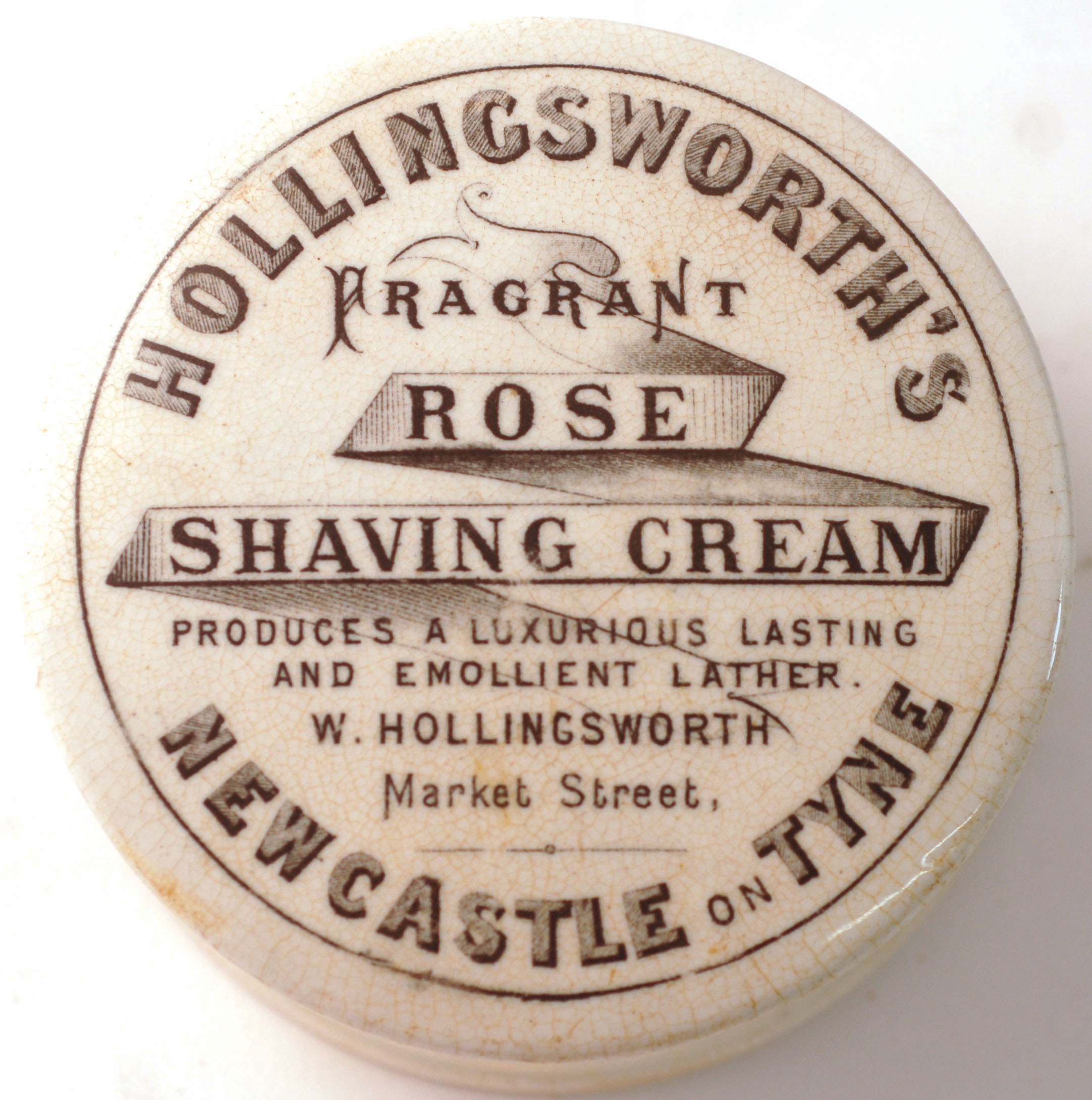 NEWCASTLE SHAVING CREAM POT LID & BASE. 3.5ins diam, ‘HOLLINGSWORTHS/ FRAGRANT ROSE/ SHAVING