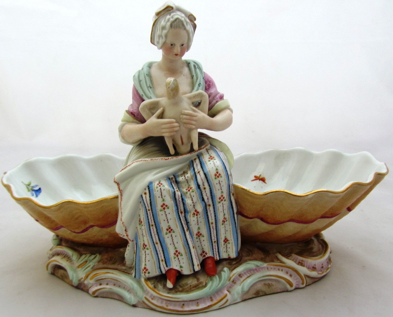 A Meissen sweetmeat dish, late 19th century, modelled with a young lady in period dress holding a