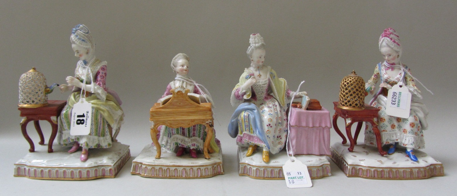 Four Meissen figure groups, late 19th century, each emblematic of the senses, modelled with a female