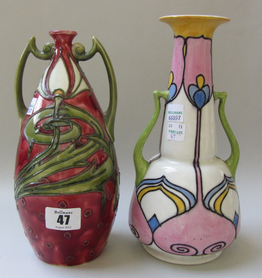 A Mintons Ltd Secessionist red ground two handled vase No.15 (22cm high) and another Mintons Ltd