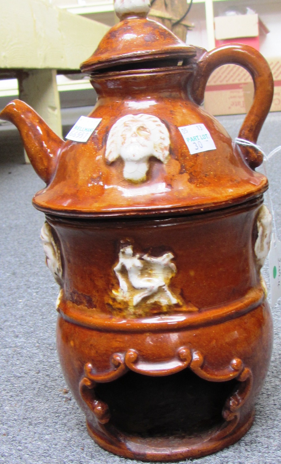 A bargeware teapot and stand, an opaline glass and gilt metal mounted bowl in the Empire style, a