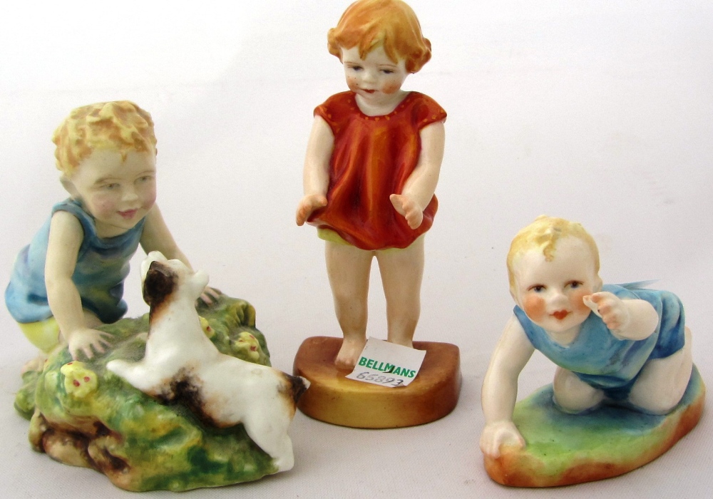 Three Royal Worcester porcelain figures, Joan No 2915 by F.G, Doughty, Two Babies No 3159 and