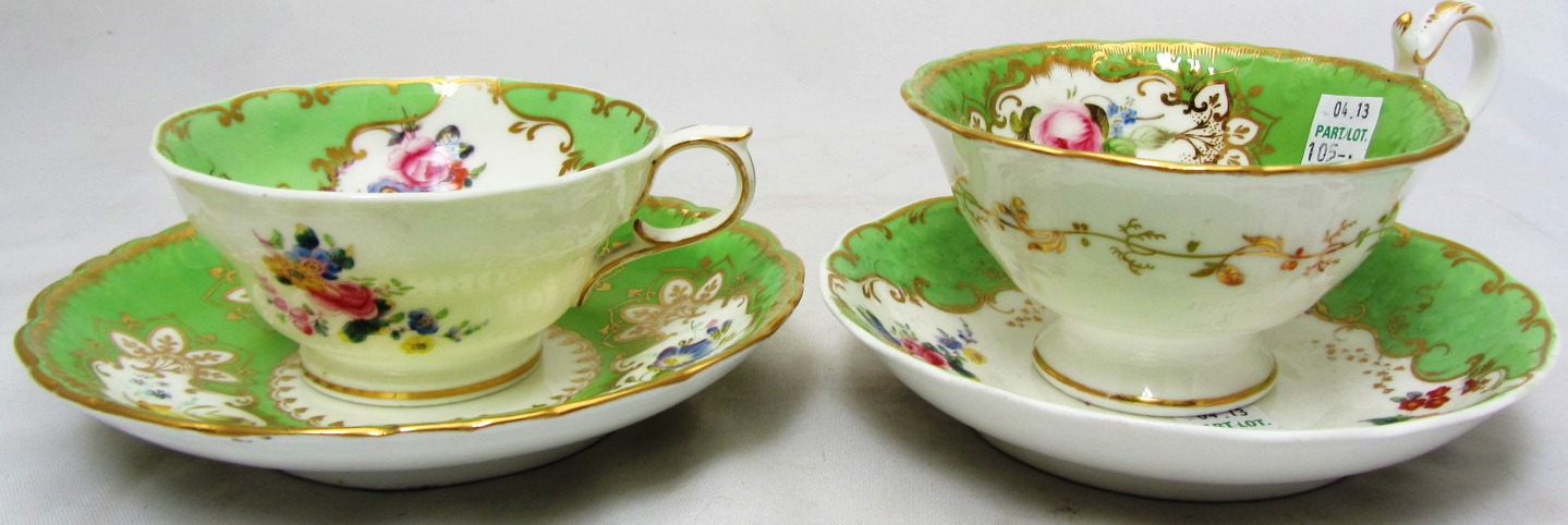 Two flower painted mugs, two green-ground cups and saucers, a Derby `Japan' pattern cup and