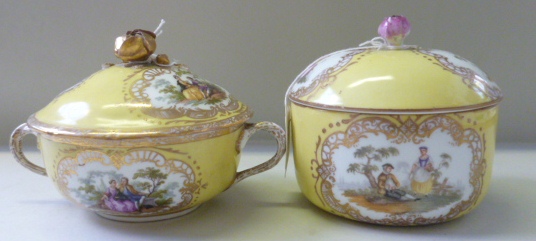 A Meissen (outside decorated) yellow ground bowl and cover and a German porcelain two handled bowl