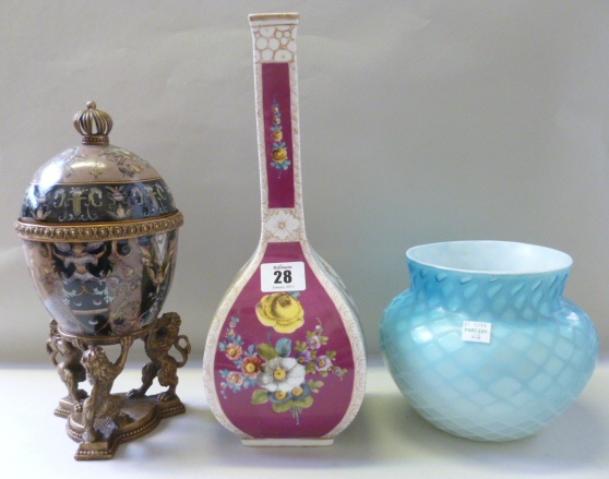 A large ceramic decorated egg in a metal frame and stand,a Dresden bottle vase with AR mark and