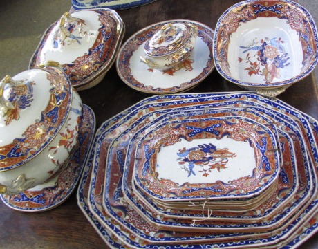 A Spode New stone china Frog pattern part dinner service, circa 1825, decorated in an Imari