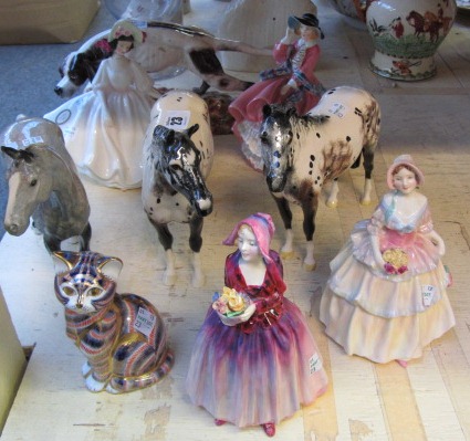 A quantity of ceramics, including; three Beswick horses, a Royal Crown Derby Imari cat, a Royal