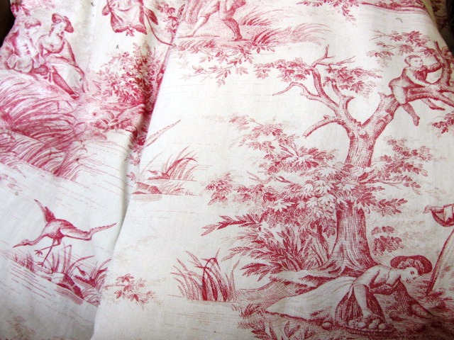 Three pairs of lined curtains, detailed with figural landscape scenes against a cream ground, with