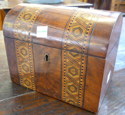 A Victorian inlaid walnut dome top box, 18cm wide, a Victorian brass bound extending book rack, 37cm