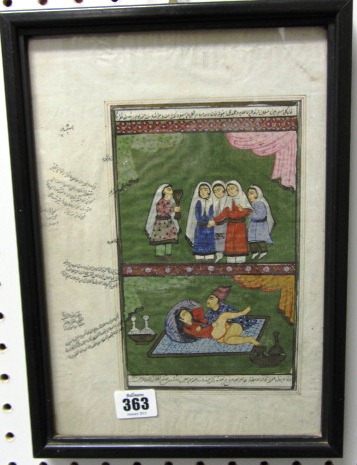 A pair of Indian watercolours, erotic subjects with calligraphy, 21cm. by 13cm., framed and