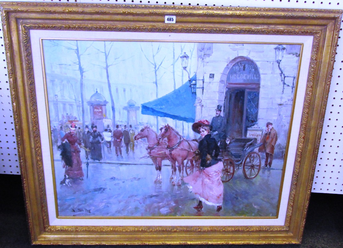 Juan Soler (b.1951), Paris street scene with figures, oil on canvas, signed, 65cm x 81cm.