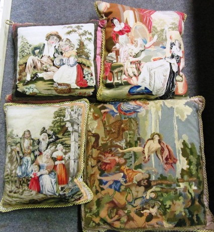 Four embroidered cushions, 20th century, each embroidered with classical scene within a gilt rope