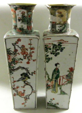A pair of Chinese famille verte vases, Kangxi, of square tapered form, painted with panels of