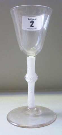 A wine glass, circa 1765, with opaque twist stem, single knop and plain foot, 14.5cm high.