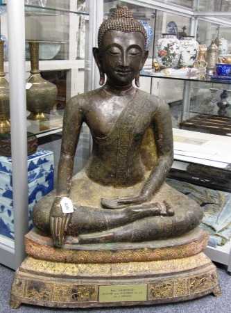 A large Thai bronze figure of Buddha Shakamuni, late 19th century/ early 20th century, seated in