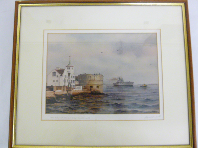 Albert Jupp framed harbour print of 'The Round Tower, Portsmouth', signed, 39x33cms