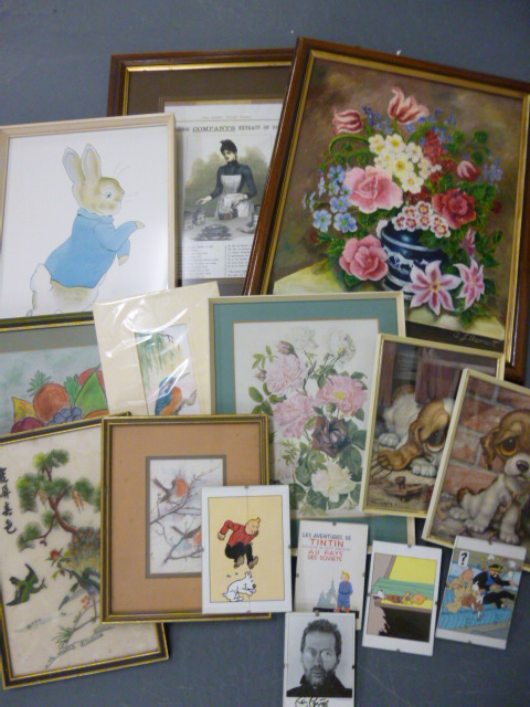 Collection of assorted pictures to include a signed oil on canvas, Peter Rabbit & Tin Tin prints and