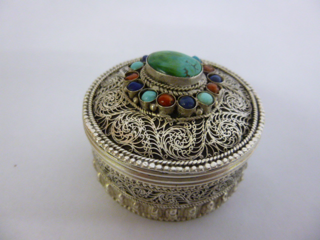 Continental white metal (not tested) lidded pot with filigree scroll decoration and inset semi