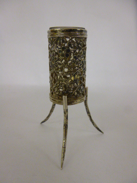 Chinese silver bamboo tri-leg pot with glass liner, the pot decorated with blossom, by maker Luen