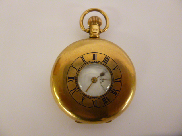 9ct gold keyless half-Hunter Dennison pocket watch with Limit movement, clean white enamel dial,