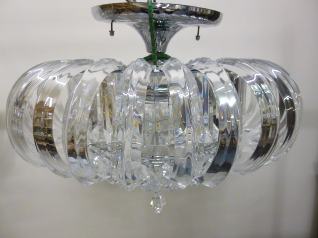 Contemporary ceiling light with perspex crystal drops and four bulb fitment, 55cm diameter, 42cm