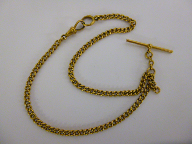 18ct gold pocket watch chain with T-bar, each link hallmarked with the Sheffield crown and 18, 30.5g