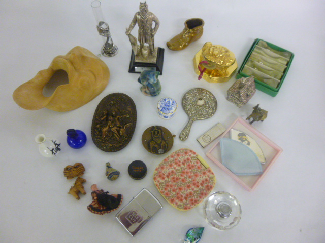 Tray of assorted items to include pewter, brass, a wooden face mask, Spode lidded pot and five