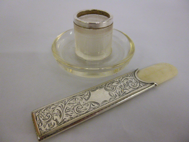 Silver rimmed glass match holder with striker and tray, hallmarked London 1900, together with a bone