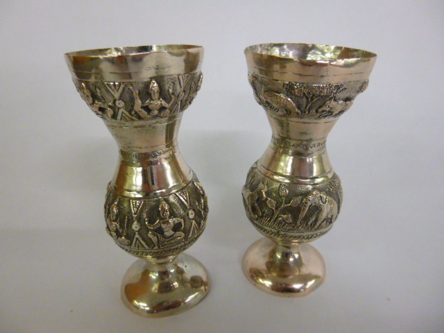 Two Continental white metal (not tested) baluster vases, both embossed, one with figural