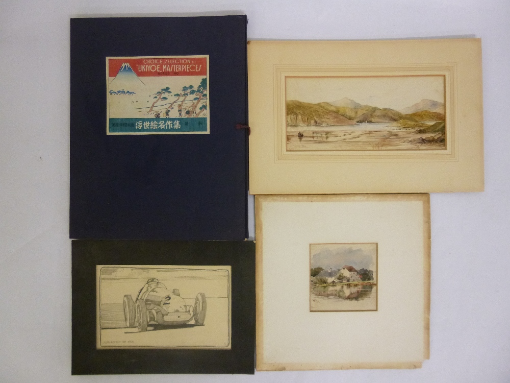 Two mounted watercolours, one signed Brock Hurst 1902 folio of Ukiyoe pictures and a pencil