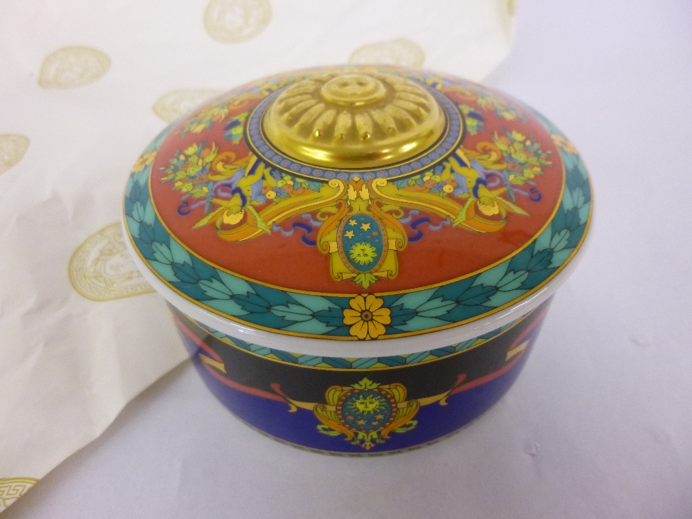 Versace gilt decorated lidded bowl in the 'Le Roi Soleil' pattern,  diameter 10.5cms