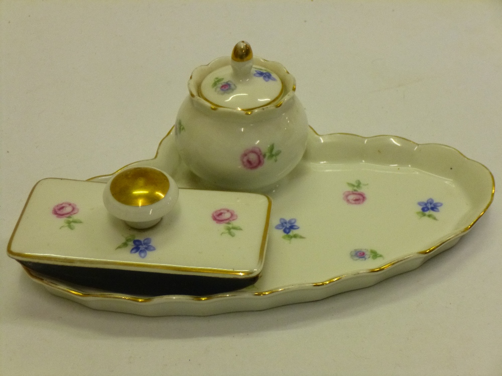 Volkstedt porcelain, covered twin inkwell & pen tray with matching blotter
