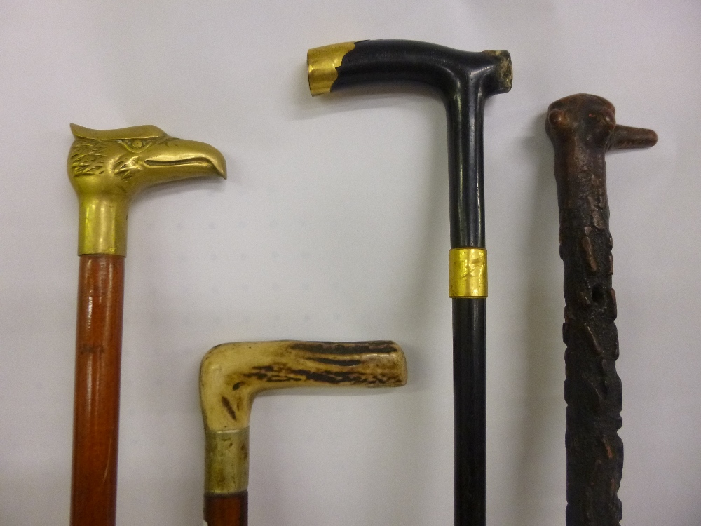 Four assorted walking sticks, one with rustic shaft and one with a brass eagle's head