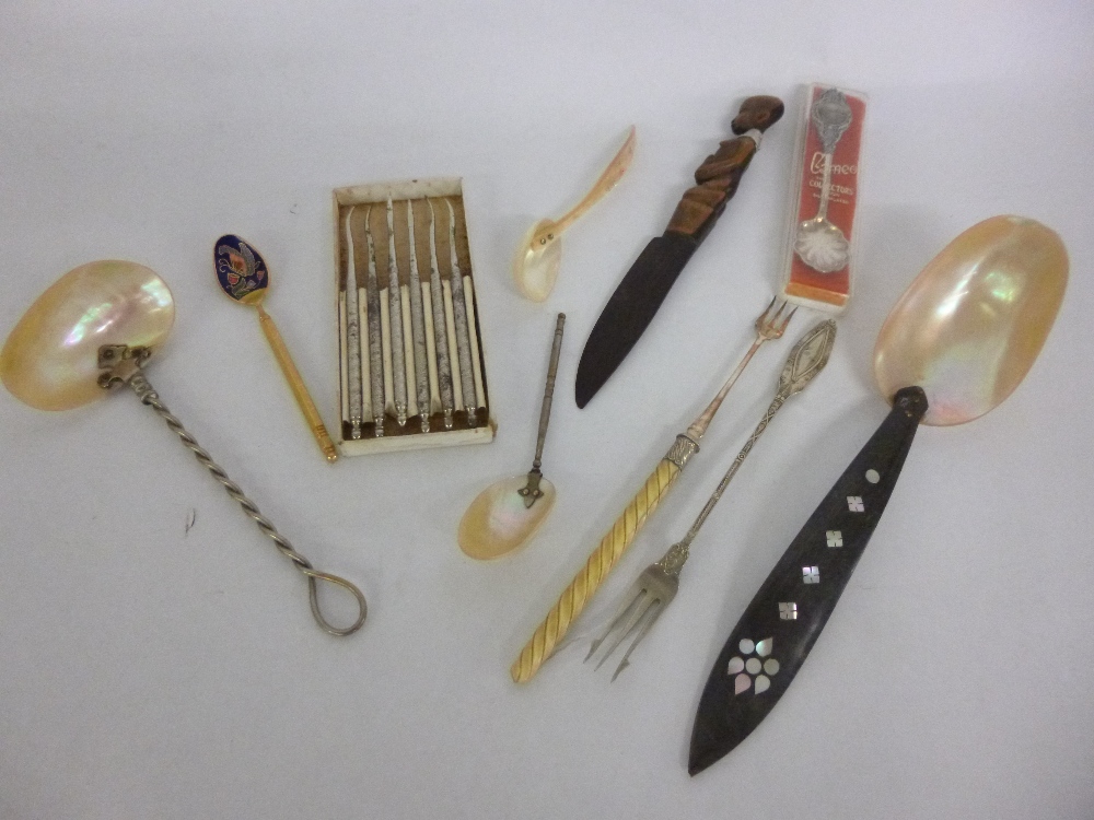 Small quantity of vintage MOP spoons, pickle forks and a set of plated tooth picks