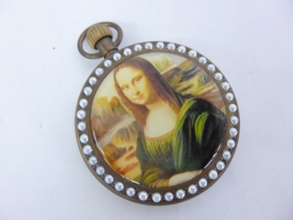 Brass cased pocket watch with Chinese New Year dial and enamelled back of the Mona Lisa