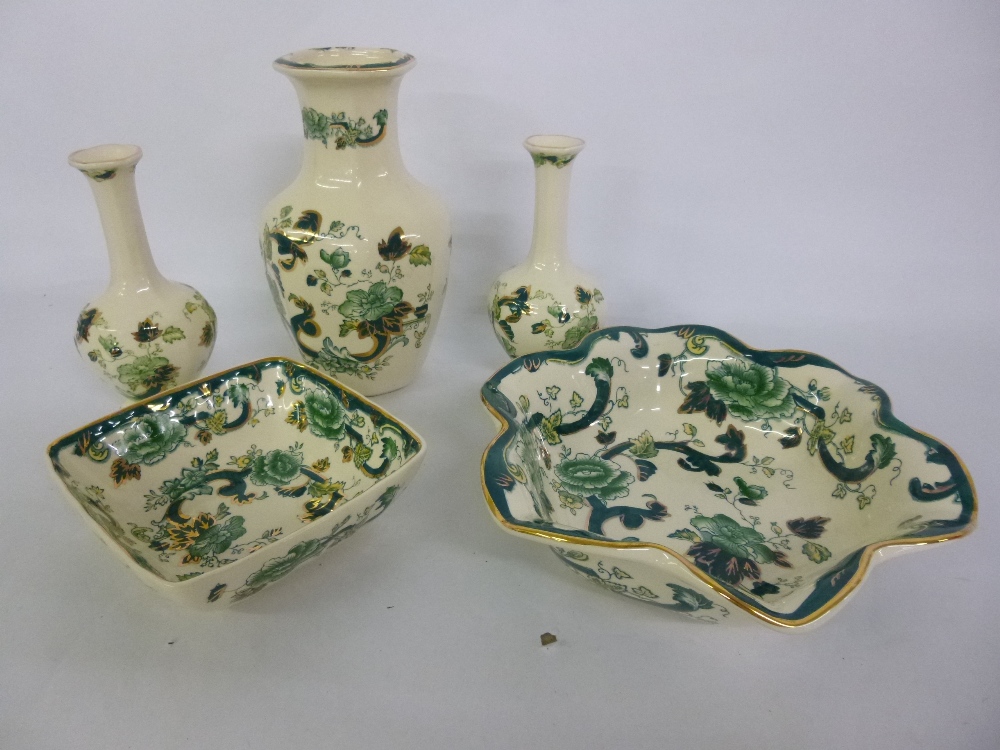 Mason's Green Chartreuse pattern - 3 vases, square dish and shaped bowl.