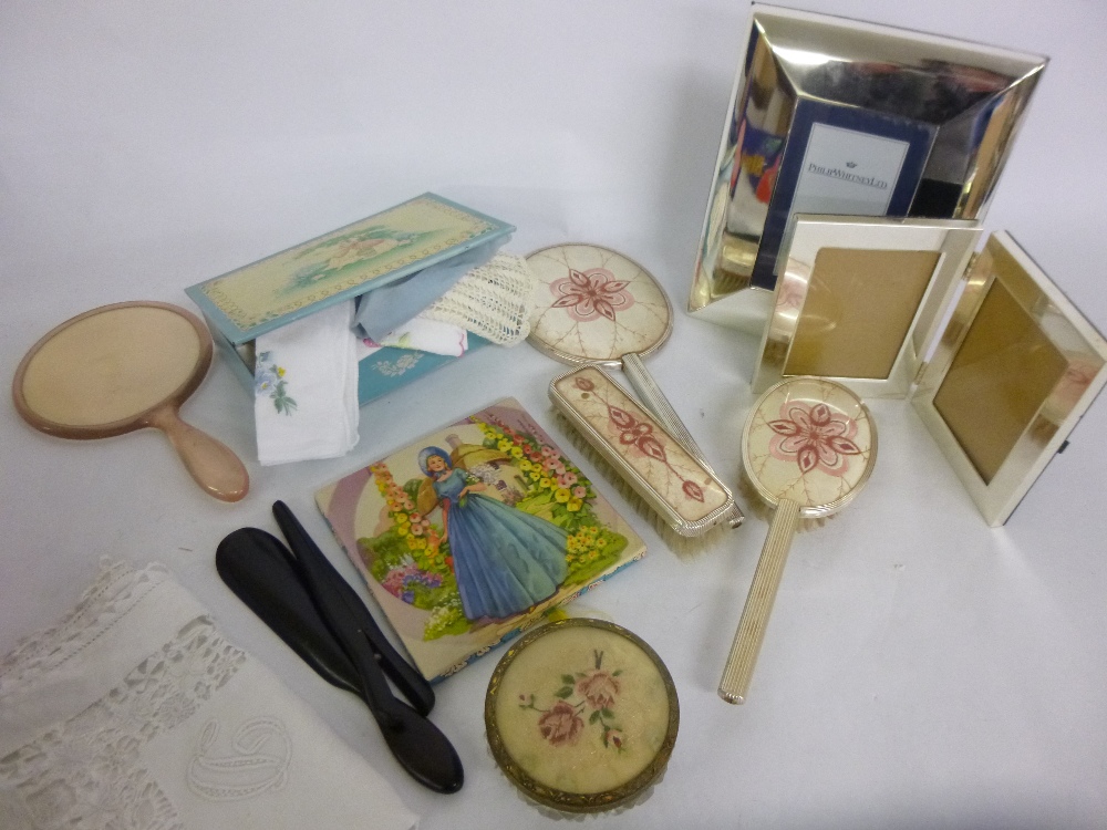 Collection of vintage hand embroidered handkerchiefs together with other vanity items and two silver