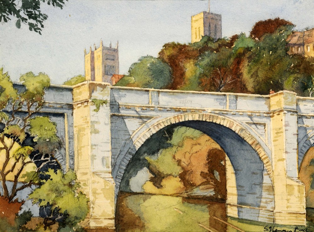 S. J. LAMORNA BIRCH. Framed, signed, watercolour on paper, river landscape scene with bridge and