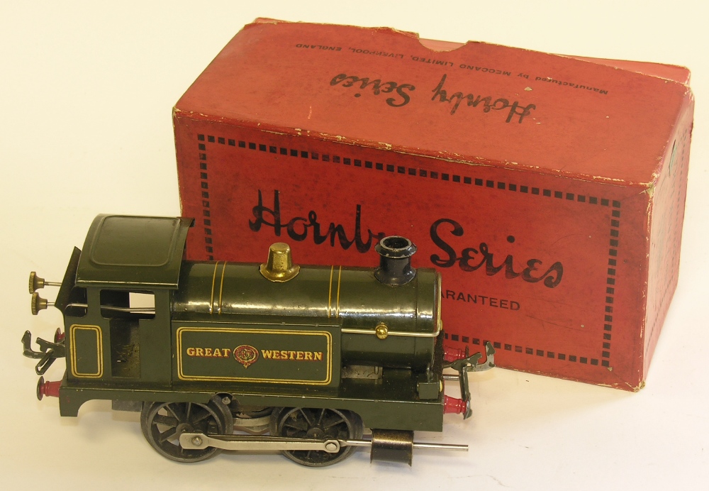 A boxed Hornby Series `0` gauge tinplate clockwork Great Western 0-4-0 locomotive.