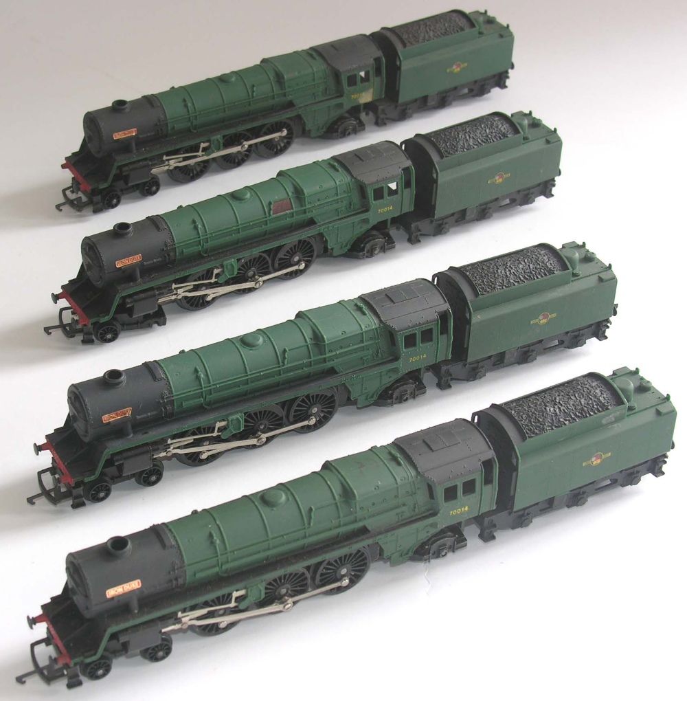 Four Hornby `00` gauge 4-6-2 BR `Iron Duke` locomotives with tenders.