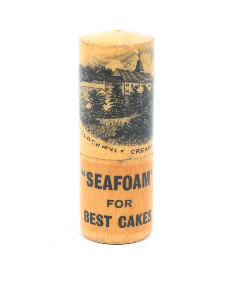 A Mauchline ware cylinder chalk holder (Ballochmyie Creamery Mauchline/Seafoam For Best Cakes), 5cm.