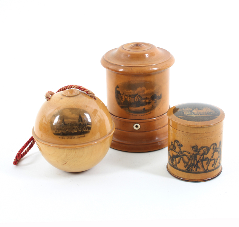 Three pieces of Mauchline ware: A wool ball holder with cord (High Street, Oxford), 8.7cm
