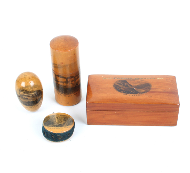 Four pieces of Mauchline ware: A cedar wood sewing box (Honister Crag impressed name in gilt