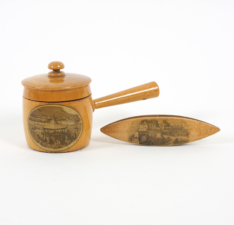 Two pieces of Mauchline ware, comprising: A tatting shuttle (Stirling Castle/Robt. Shaw Bridge of
