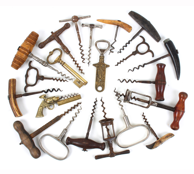 A collection of twenty 19th century and later corkscrews, together with a brass bottle opener. (21)