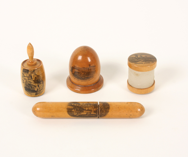 Four pieces of Mauchline ware, comprising: A drum end waxer (Osborne House, I.W.), 3cm, a barrel