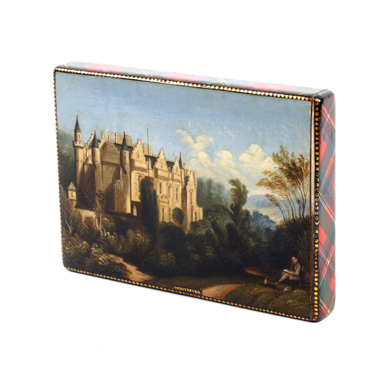 Mauchline Ware: A very fine visiting card case, one side painted with a titled view of Abbotsford, a