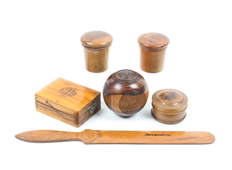 Six items of Treen, all in olivewood: Two tumbler cases, both with glasses, a travelling inkwell