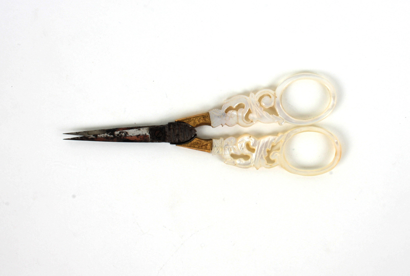 A pair of Palais Royal scissors, diamond section tapering blades to gilt mounts, variant scroll