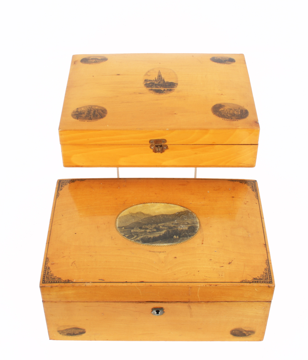 Two Mauchline ware sewing boxes, both rectangular, the larger with semi-photographic oval (